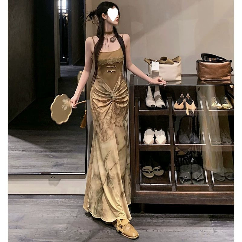 2025 новый летний стиль, новое китайское стильное классное платье на подтяжках с принтом, женственное, элегантное и высококачественное.