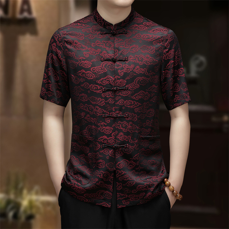 Xiangyun Yarn Men's Tang Suit Men's Middle-aged and Elderly Dad's Summer Short-sleeved suit Mulberry Silk Chinese-style Pankou Hanfu