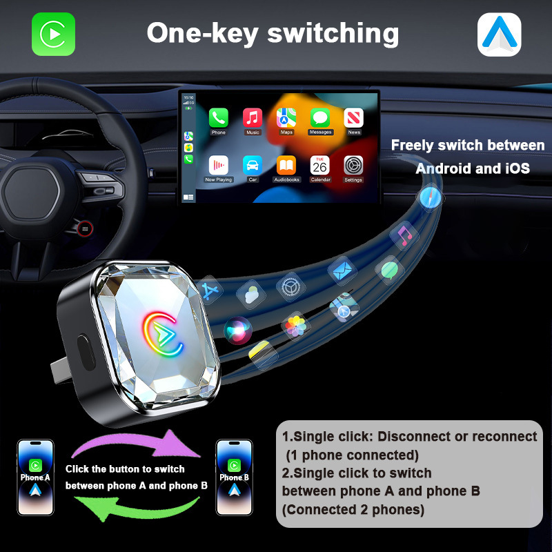 Cross-Border Popular Car-Mounted Wireless Carplay Adapter Android Auto 2-in-1 Wired to Wireless Adapter