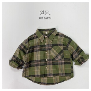 Children's Shirt Spring and Autumn New Boys and Girls Korean Retro Plaid Pocket Shirt Baby Korean Shirt Jacket Trendy