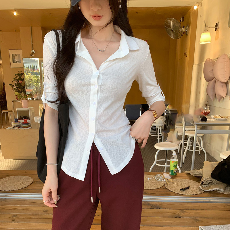 Designed Shirt with Adjustable Collar and Cuffs, Five-Quarter Sleeve T-Shirt for Women, Early Spring 2026 New Style Polo Shirt Top Designed Shirt with Adjustable Collar and Cuffs, Five-Quarter Sleeve T-Shirt for Women, Early Spring 2026 New Style Polo Shirt Top