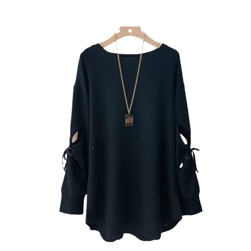 2025 Spring Thin-Powered Top Casual Trend Bowknot Belt Sleeve Women's Shirt Commute Sweatshirt