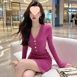 小众名媛系领长袖连衣裙女新款法式气质收腰显瘦打底字短裙
