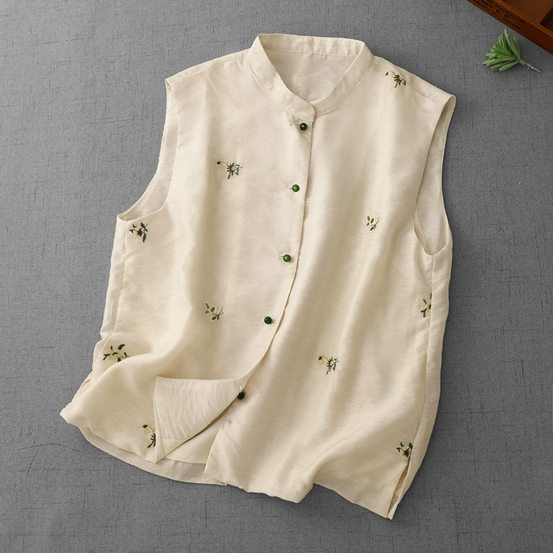 Летний жилет 2025 года в новом ретро-стиле, китайский национальный стиль, улучшенная художественная вышивка, свободный крой, воротник-стойка, женский топ