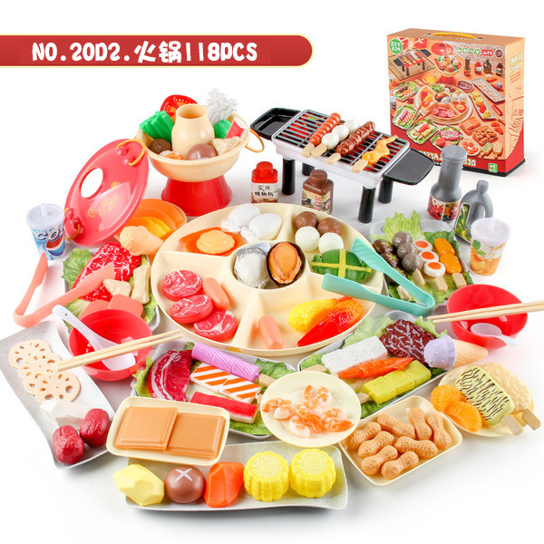 Casa de juego de los niños juguetes de cocina olla caliente brochetas barbacoa traje pequeño olla caliente brochetas ingredientes utensilios de cocina caja de color