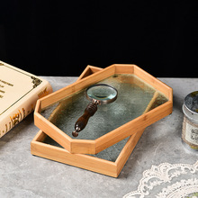 海棠压花玻璃竹子边托盘 竹子长方形茶盘收纳摆件茶水杯子水果盘