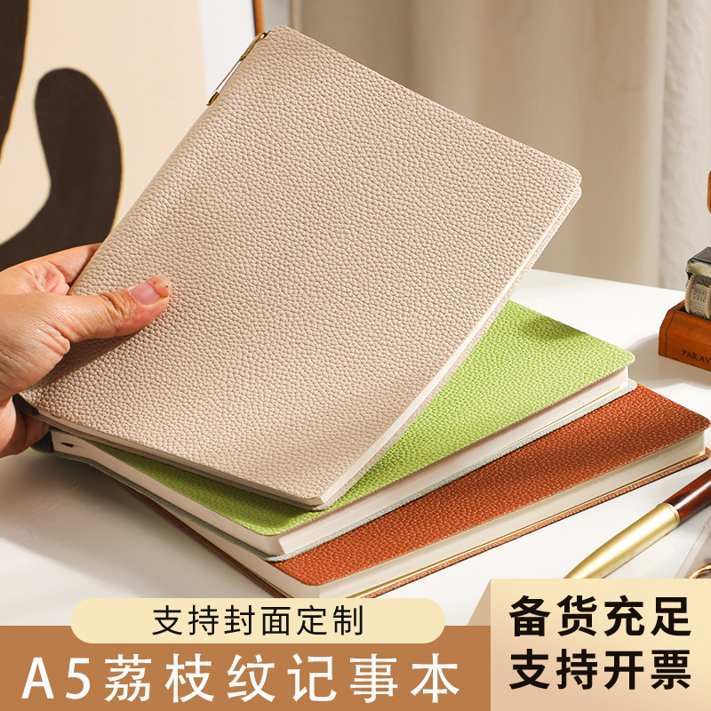 A5 Pebbled Leather Business Notebook, Leather Cover with Customizable Logo, Office Notebook with Skin-Like Texture, Portable with Pen Holder