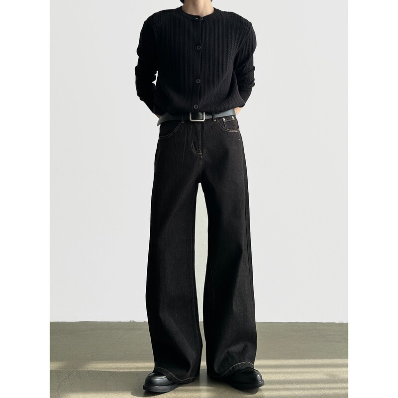 Cross-Border Trade Black A-Line Wide-Leg Jeans for Men, Relaxed Straight Casual Pants with Visible Stitching, Loose Silhouette Pants