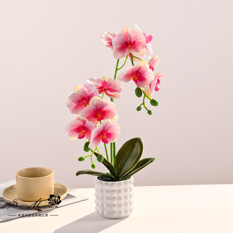 Flores artificiales con hojas, bonsái de orquídea mariposa de tacto real, pequeños adornos de decoración de interiores, suministro directo del fabricante, plantas verdes artificiales, plantas en maceta simuladas image 3