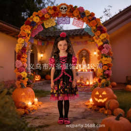 跨境万圣节亡灵节粉红玫瑰女孩服装