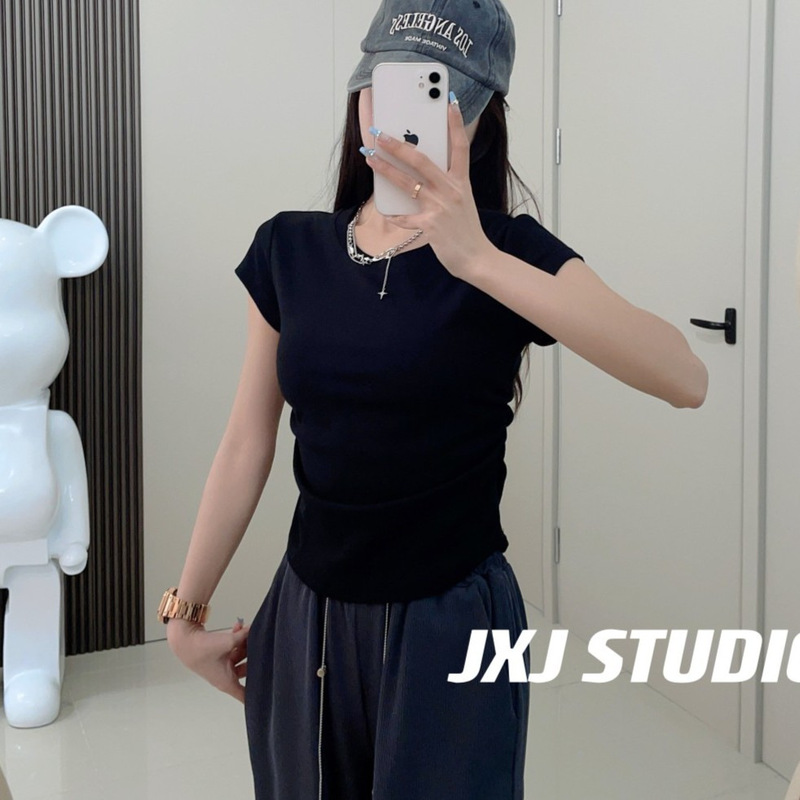 Designed Pleated Waist Pure Desire T-Shirt Women's Summer Short Slim Slim Shirt Round Neck Sexy Short-Sleeved Bottoming