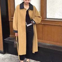 网红爆款2025秋季宽松慵懒感长款拼接撞色毛呢外套女装现货