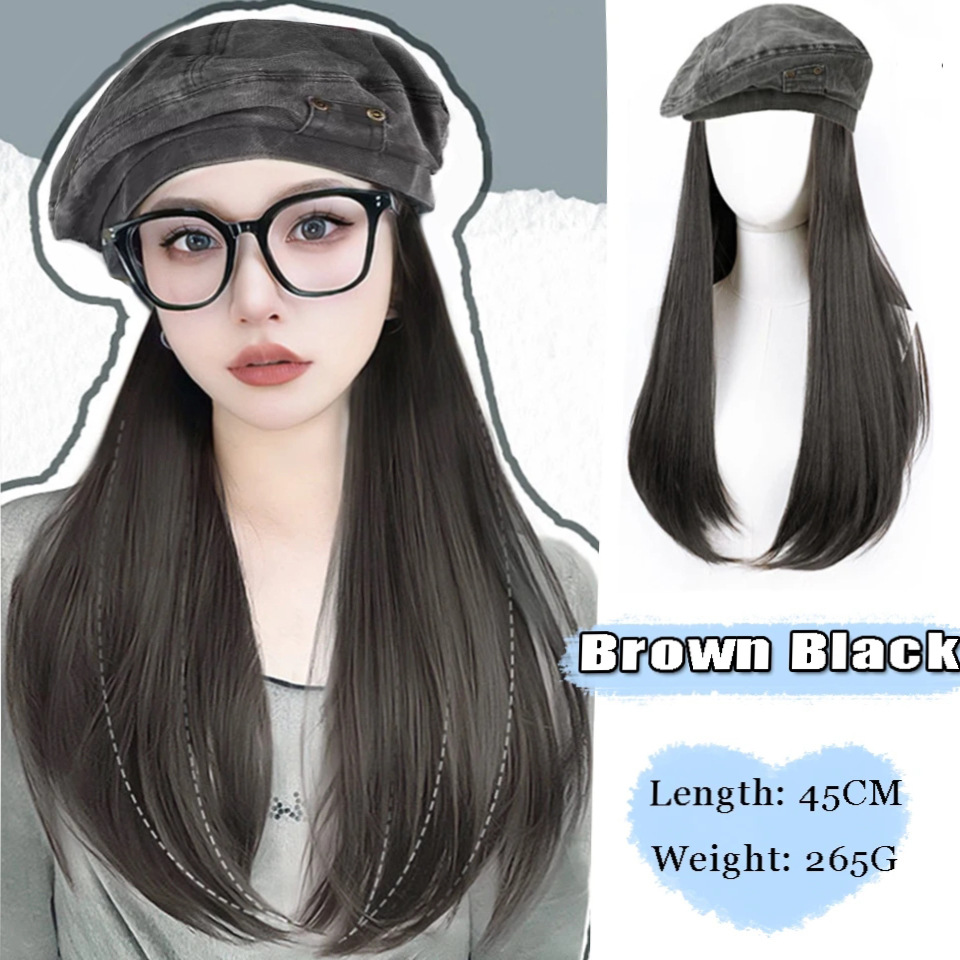 Verstelbare hoed pruik denim baret lang steil haar licht gekruld metaal klein zakje chemische vezel dames hoed pruik_voghion.com