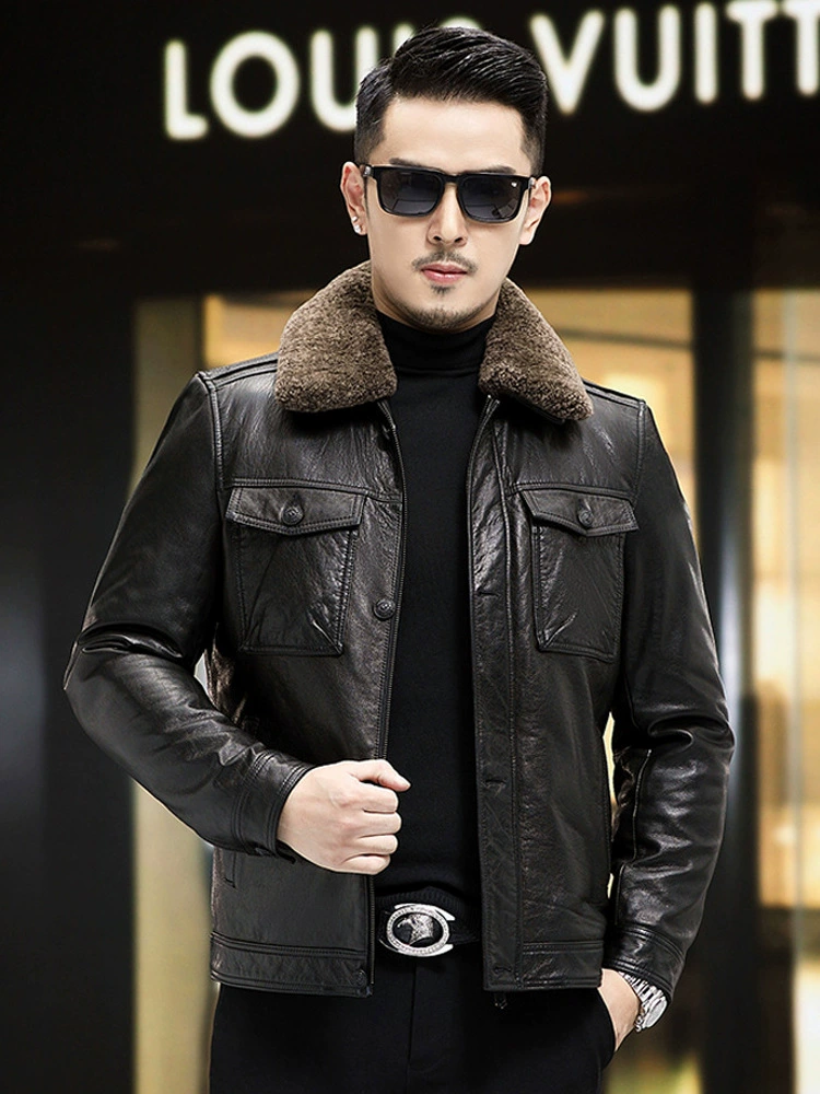 Leather down jacket with down