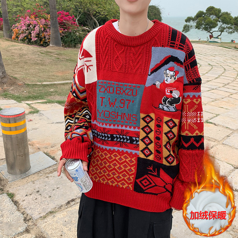 Suéter navideño para parejas, suéter de cuello redondo para hombre, estilo exportación, holgado, para otoño e invierno, suéter tipo cuello alto, abrigo grueso y cálido para jóvenes