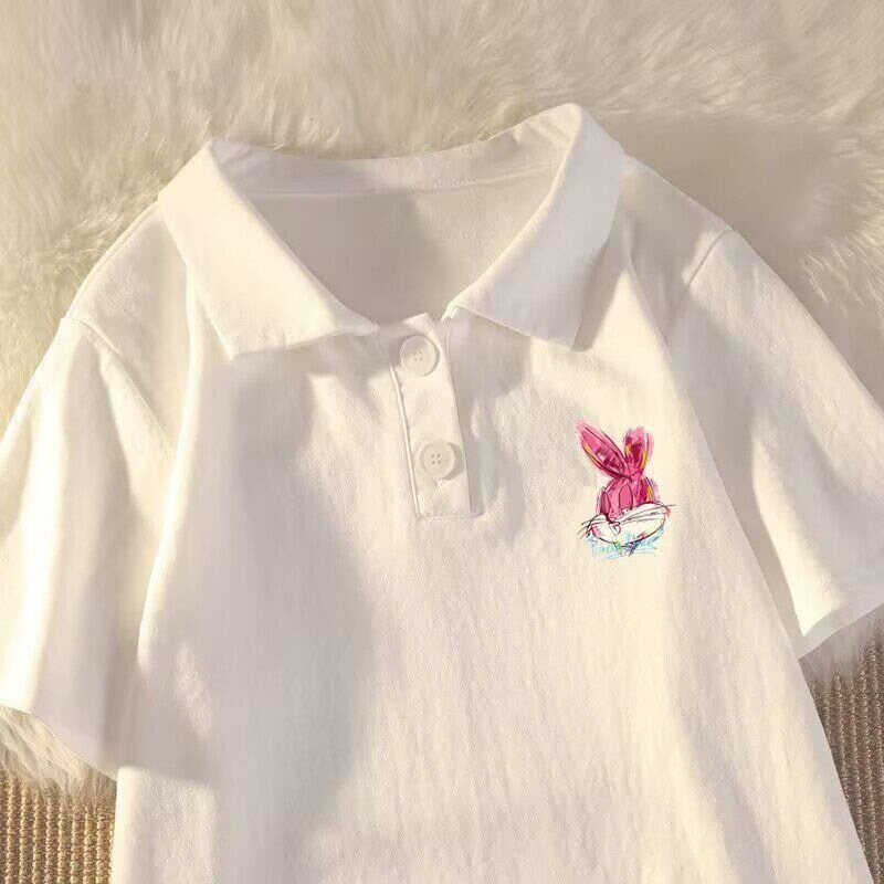 New girls' college-style short-sleeve T-shirt, summer breathable cotton polo shirt for older children, trendy niche top for students
