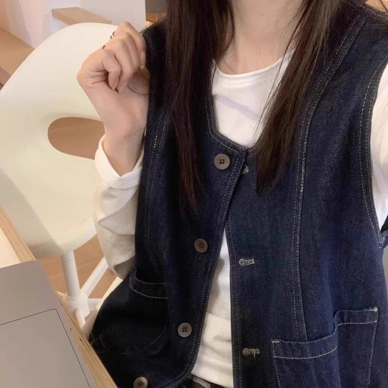 日系复古牛仔马甲女春夏新款叠穿背心外搭小个子设计感坎肩马夹女|undefined