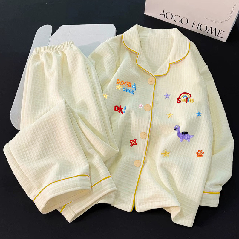 Korean Version Cartoon Cute Ins Style Waffle Plaid Autumn and Winter Air Cotton Pajamas Women's Home Wear Set Wholesale