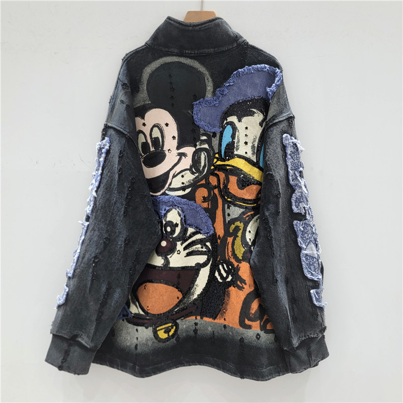 European 2025 Autumn New Loose Mid-Length Cartoon Heavy-Duty Stand-Up Collar Vintage Sweatshirt Jacket