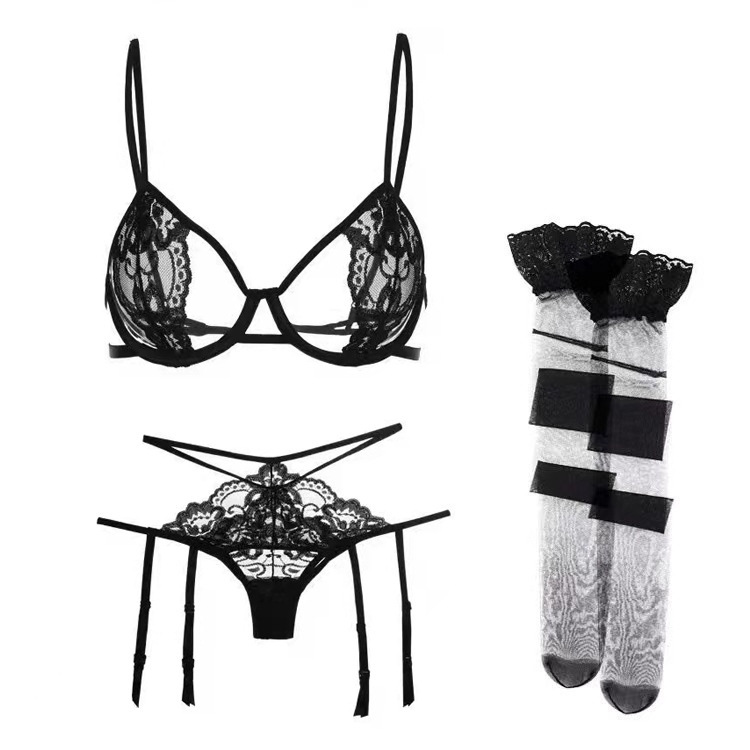 FQ2599 bella hollow lace bra hip-exposed underwear thin strap sexy temptation suit women's Garter cross-border
