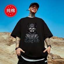 潮牌T恤男港风日系宽松大码胖子情侣装新款oversiz夏季棉五分袖