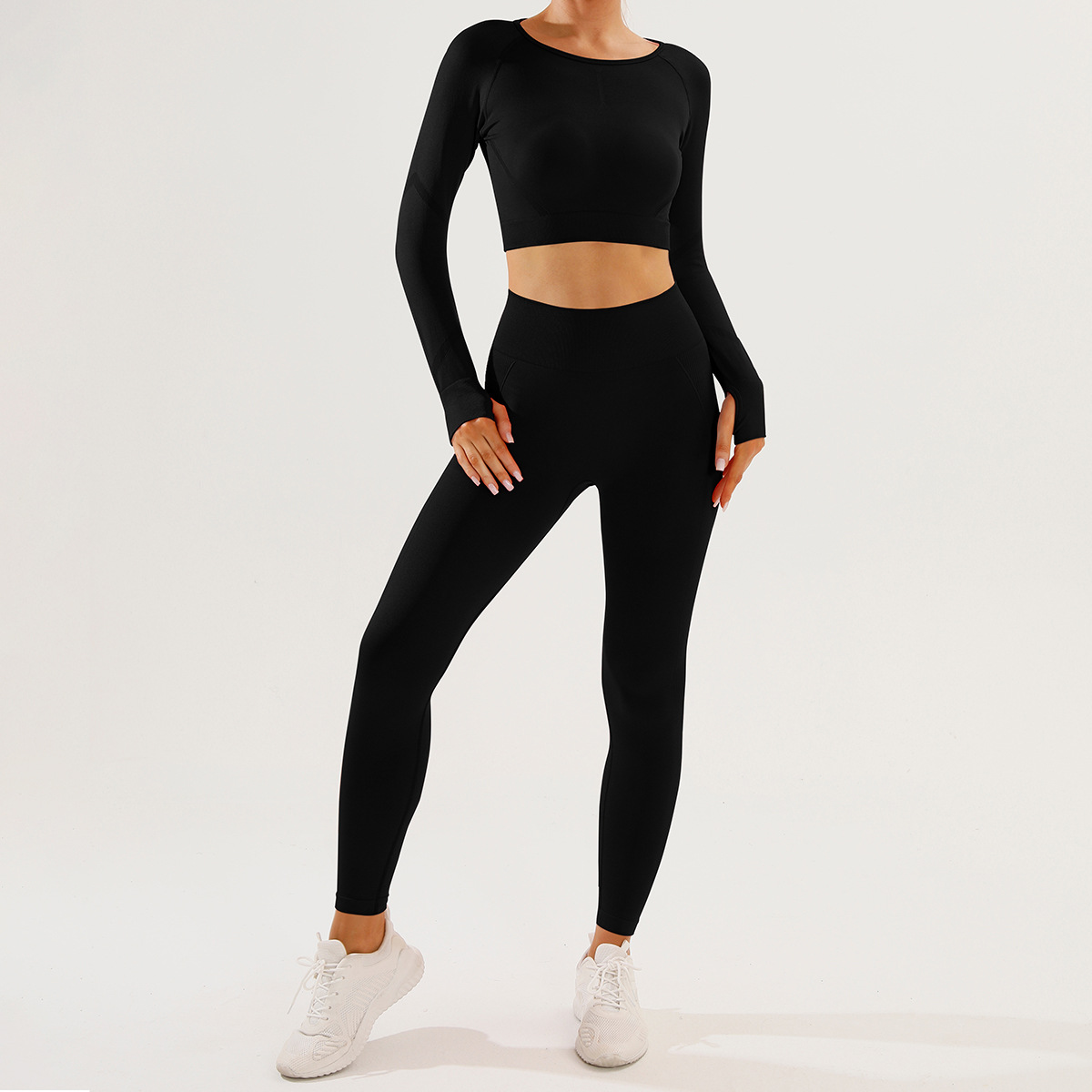 Traje de ropa de yoga sonriente sin costuras europeo y americano, pantalones de manga larga para mujer, traje de dos piezas, traje de pantalones de fitness de cadera de miel sonriente delgado