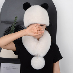 New Fox Imitation Fur Ball Magnetic Plush Scarf Accessible Luxury Shawl + Panda Ears Fashionable Velvet Hat Two-Piece Set