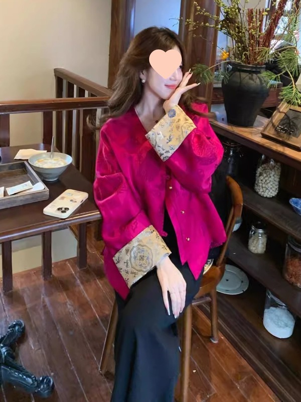 新中式国风玫红色外套女秋季大码胖气质设计感好看盘扣开衫上衣|undefined