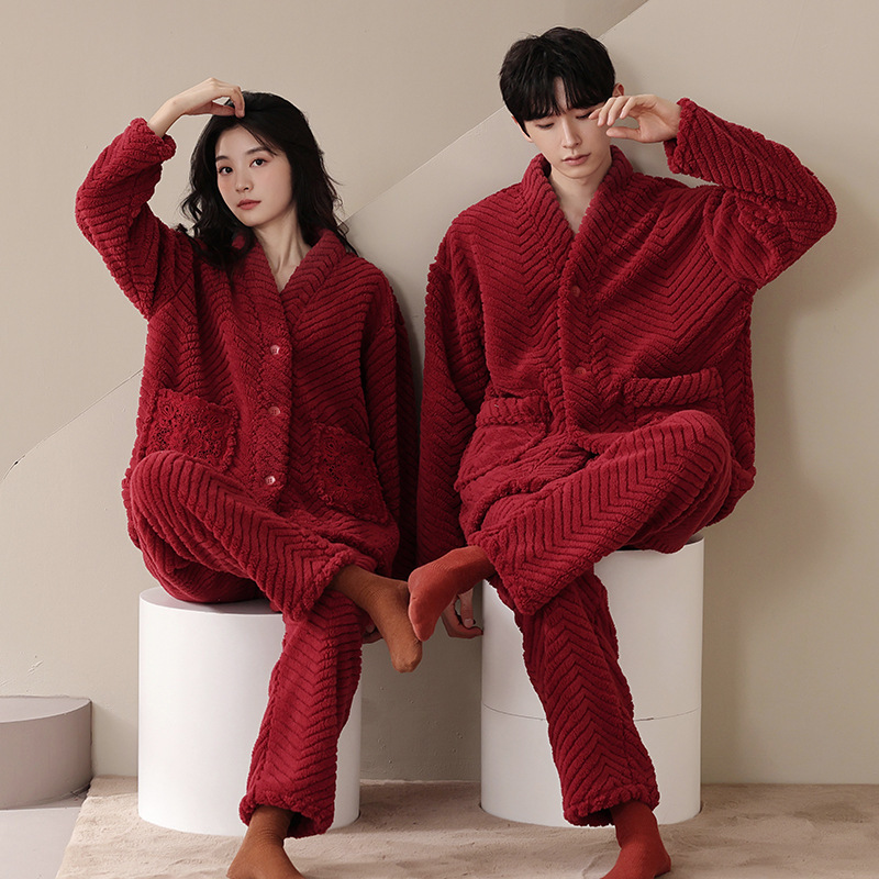 珊瑚绒情侣睡衣秋冬款结婚新婚套装一男一女冬季本命年长袖家居服