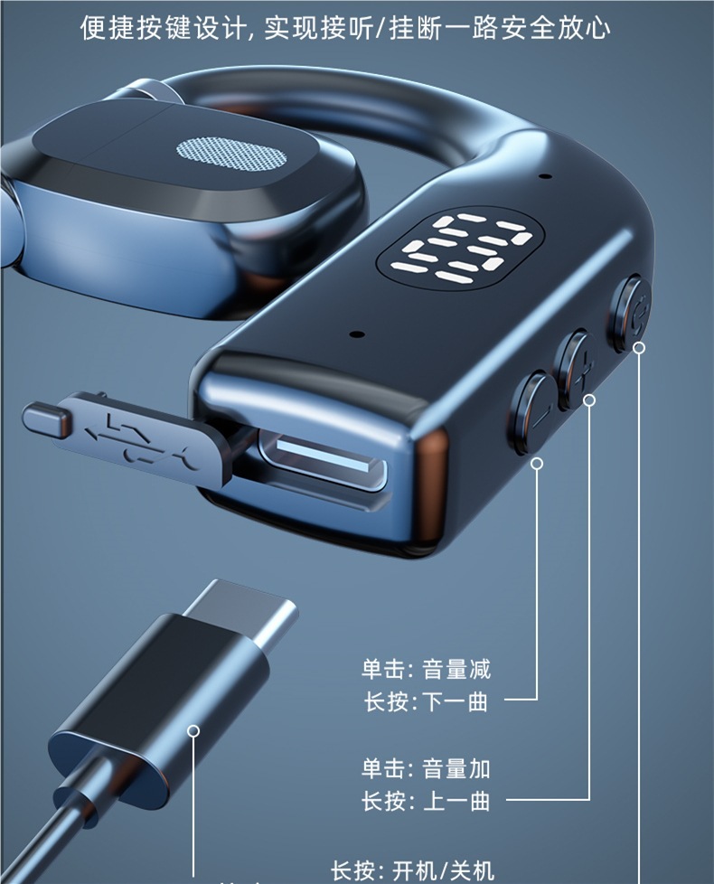 Wireless Bluetooth Earphones Non-In-Ear Hook-Ear Style Monaural High-Quality Calls Ultra-Long Battery Life Sports Universal Left and Right Ear