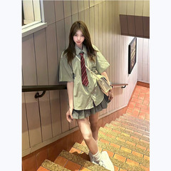 日系复古绿色条纹短袖衬衫女夏季领带学院风小个子宽松百搭衬衣潮