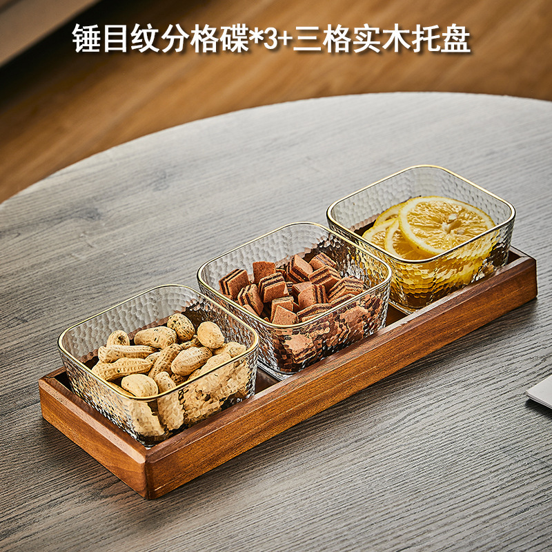胡桃の木の果物の皿の間食の収納箱の軽くて豪華な高級なガラスの果物の皿のお茶のいくつかのお茶のお菓子の分格の皿|undefined