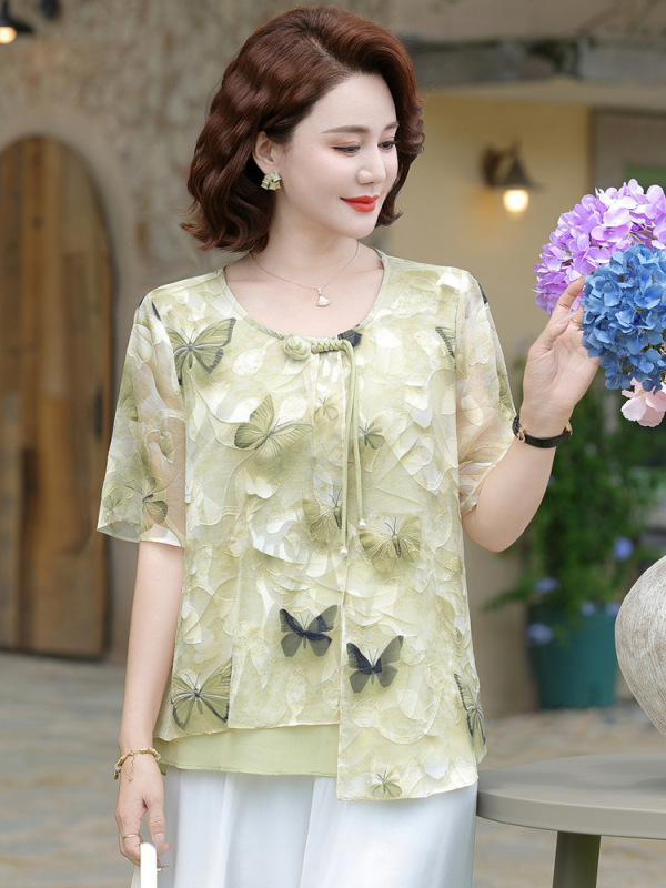 若い母親の夏の新しいスタイルのアイスシルクシャツ半袖Tシャツ中高年女性のファッショナブルなトップス立体柄服|undefined