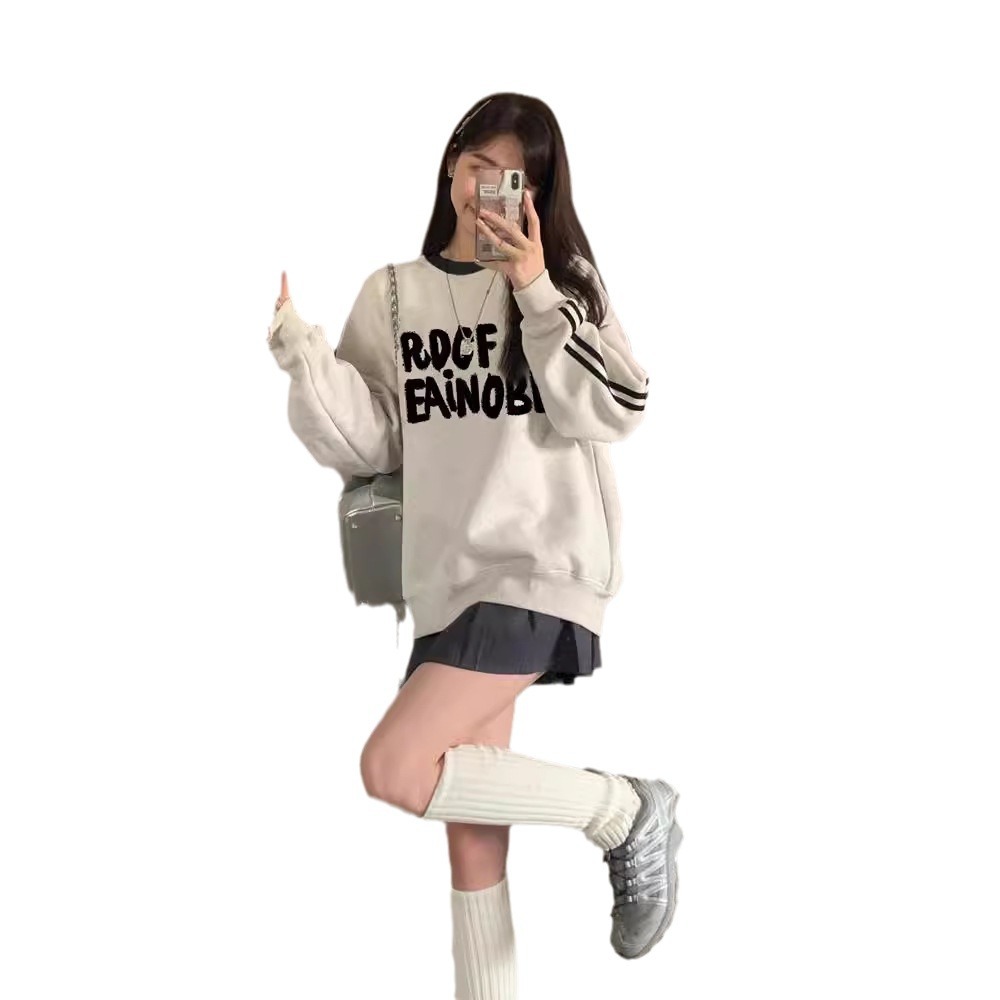 CREWNECK HATLESS THREE BAR SWEATSHIRT 여성의 봄과 가을 새로운 대형 소형 멜란지 그레이 느슨한 풀오버 탑