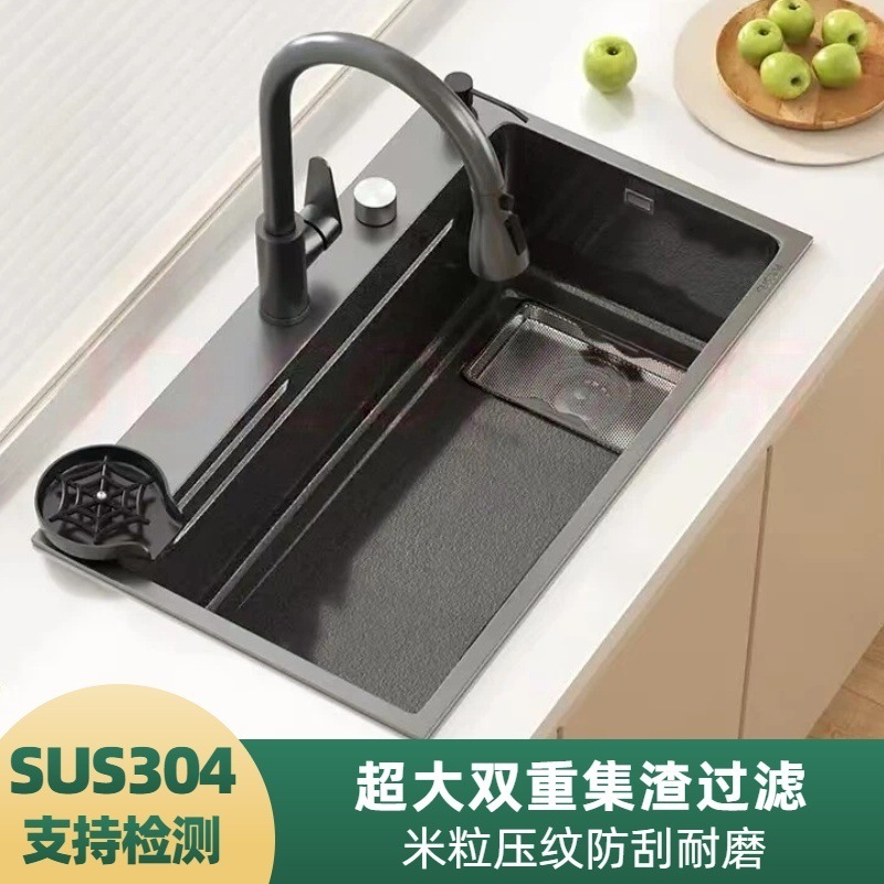 集渣加厚5MM厨房水槽大单槽SUS304不锈钢米粒压纹洗菜洗碗台上下