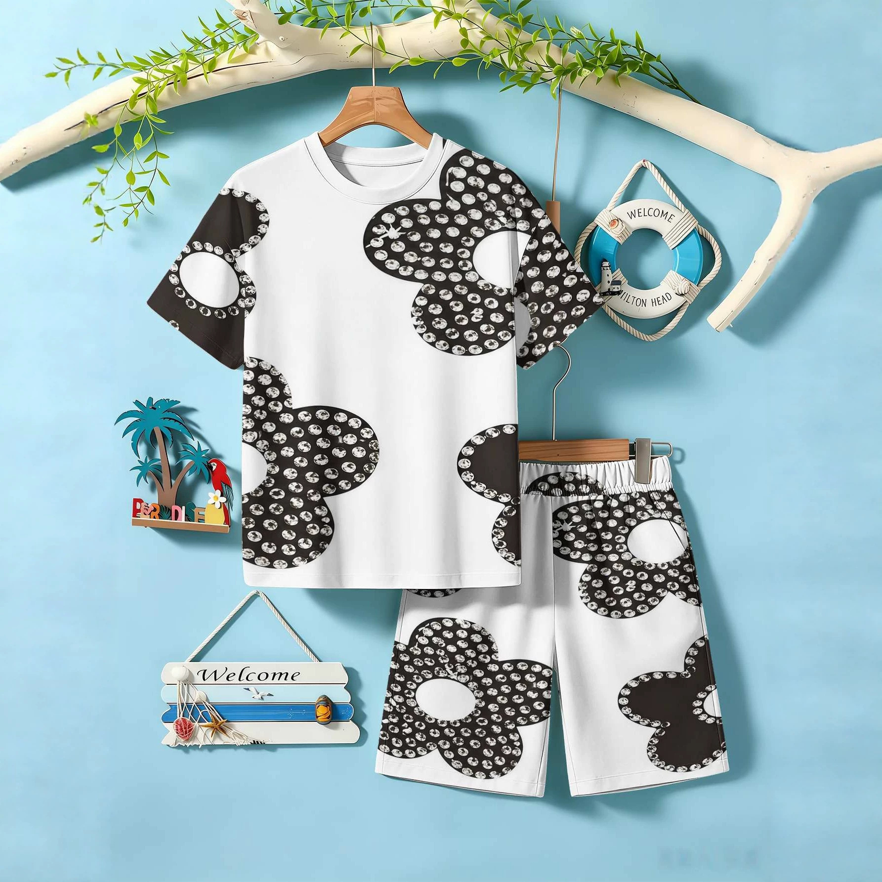 Black White Polka Dot Floral 3D Printed Boys' Suit, European American Style, Simple And High-End,_voghion.com