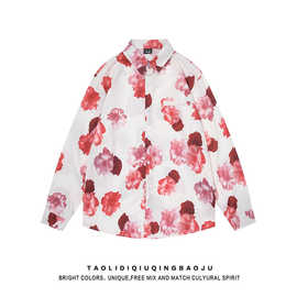 日系复古红色花卉满印衬衫女2024新款美式宽松百搭情侣垂感花衬衣