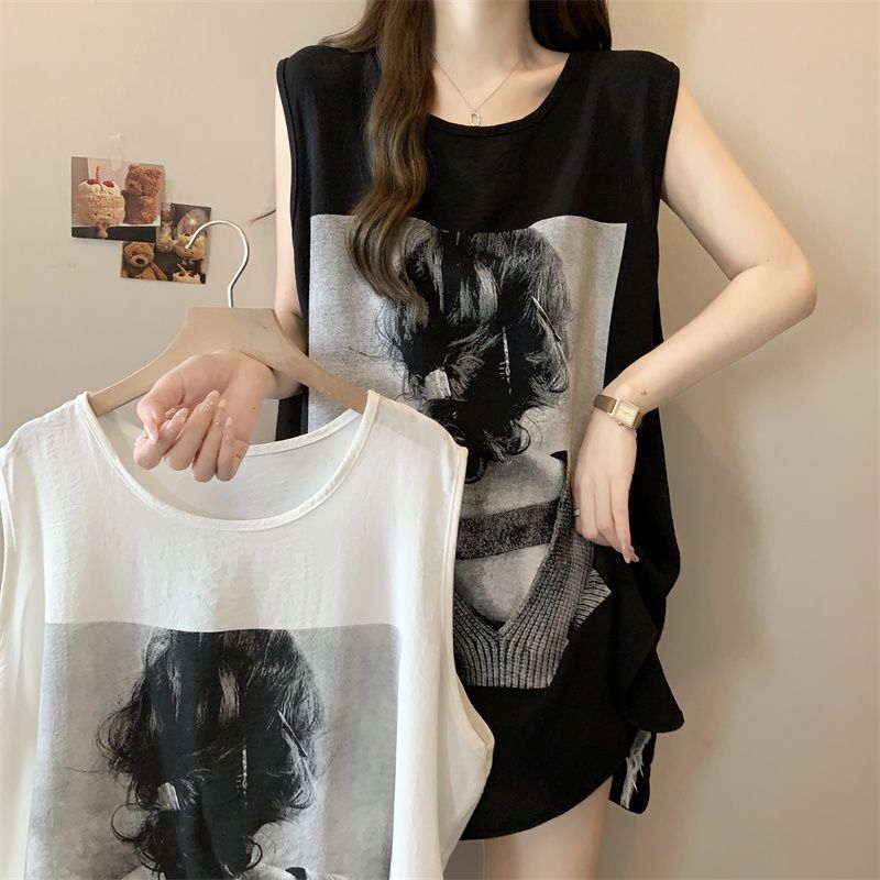 Plus Size European and American Style Printed Sleeveless Vest for Women with 2025 Summer New Loose Slimming Look Fat mm Long Top