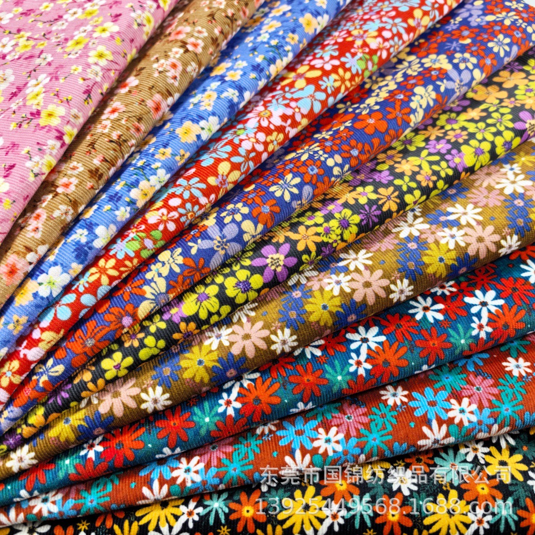 秋季条绒印花布 纯棉21坑灯芯绒印花 童装女装服装家纺玩具面料