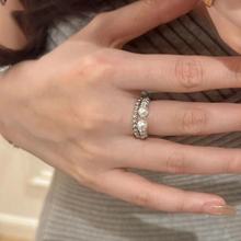 中古S925纯银编织麻花珍珠戒指小众轻奢高级设计感环形开口戒指