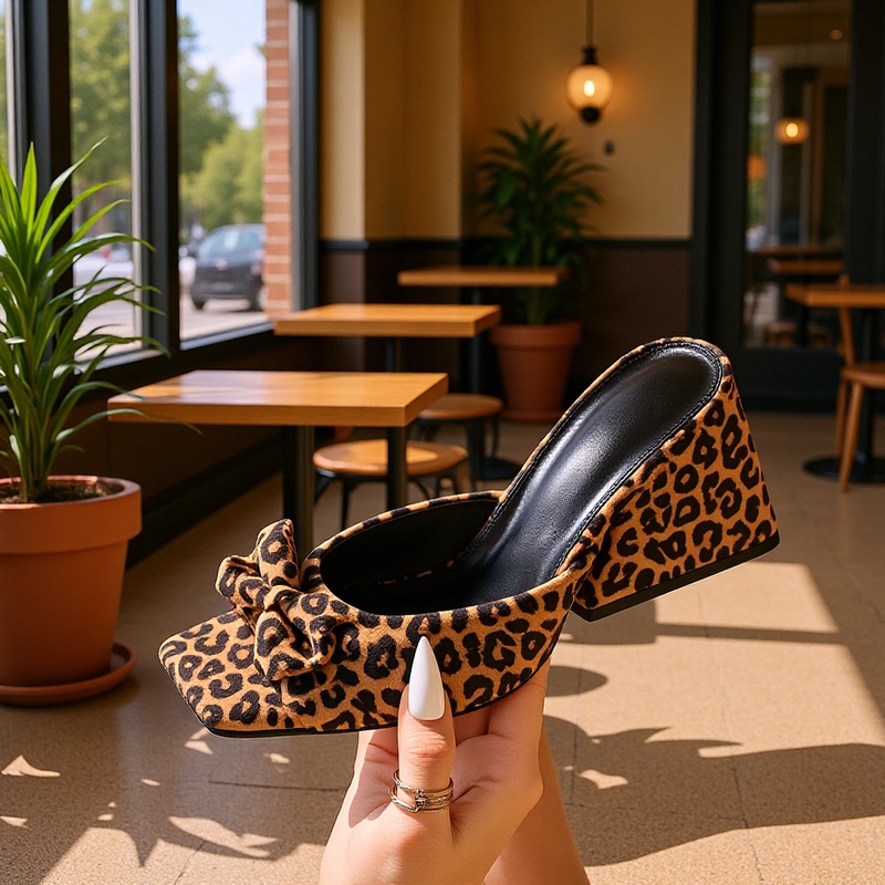 Cross-Border Ultra-High-Heeled Women's Slippers with Thick Heels, Square Toe, Suede Bow, Sexy Leopard Print, Comfortable Women's Sandals