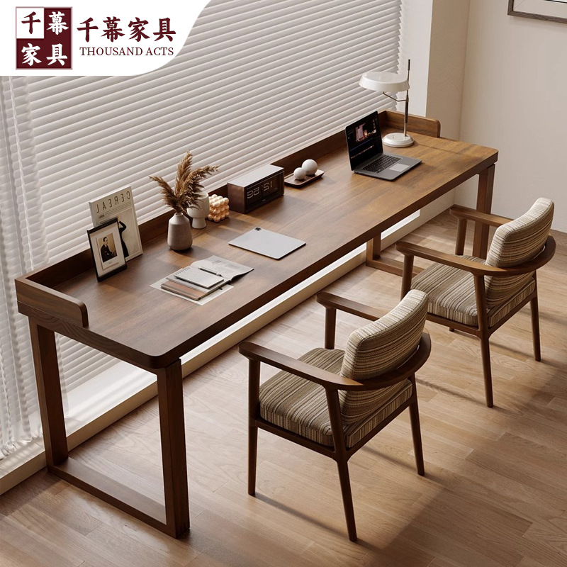 A wall-mounted bookshelf made of solid wood, a double-length desk for home use, suitable for studying, gaming, and as a computer desk in a bedroom, with a Nordic style.