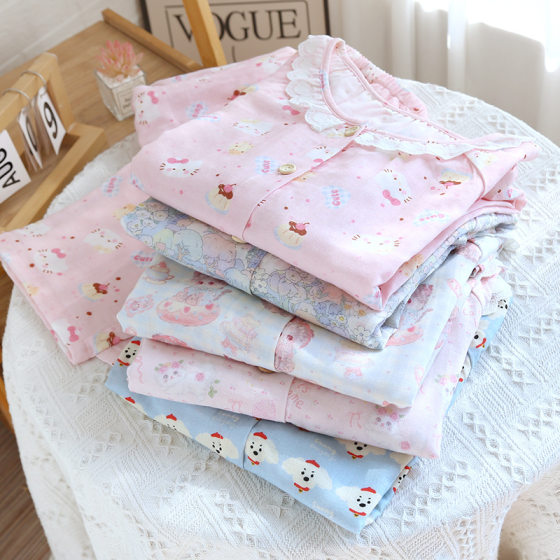 Double Cotton Gauze Pajamas Women's Spring and Autumn Long Sleeve Lace Sweet Cute Cartoon Cardigan Thin Home Clothes