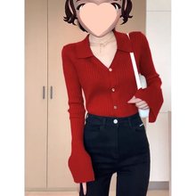 法式复古红色Polo领针织开衫年春季新款修身内搭坑条打底上衣