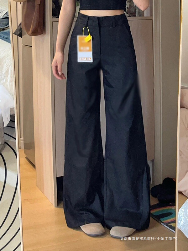 Black wide-leg women's suit pants, summer drapey, high-end feel, loose fit, casual style, plus size, for curvy women Black wide-leg women's suit pants, summer drapey, high-end feel, loose fit, casual style, plus size, for curvy women