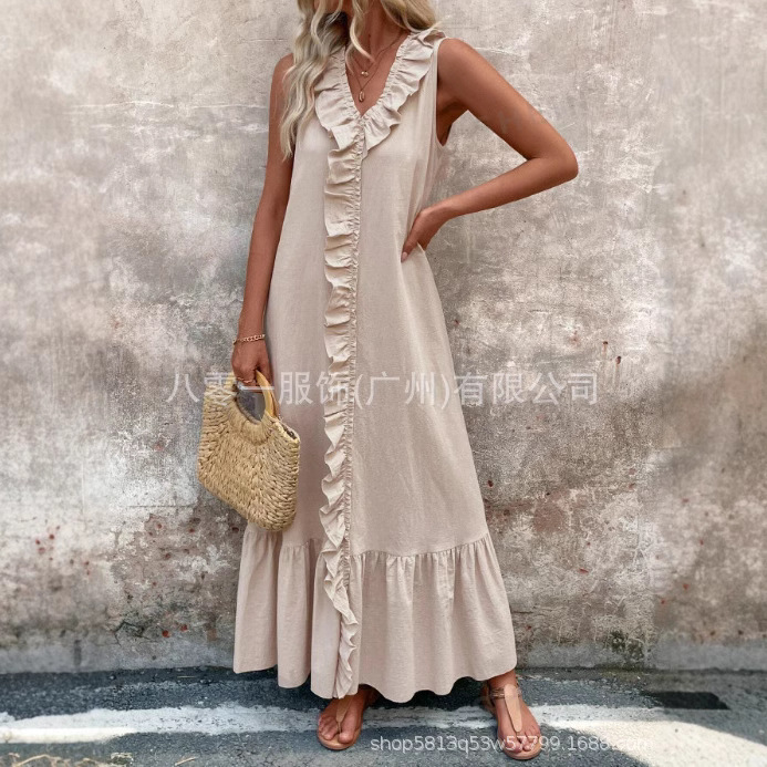 2025 Amazon Europe and America Cross-border Foreign Trade Spring and Summer New Solid Color Sleeveless Cotton and Linen V-neck Large Pendulum dress in stock