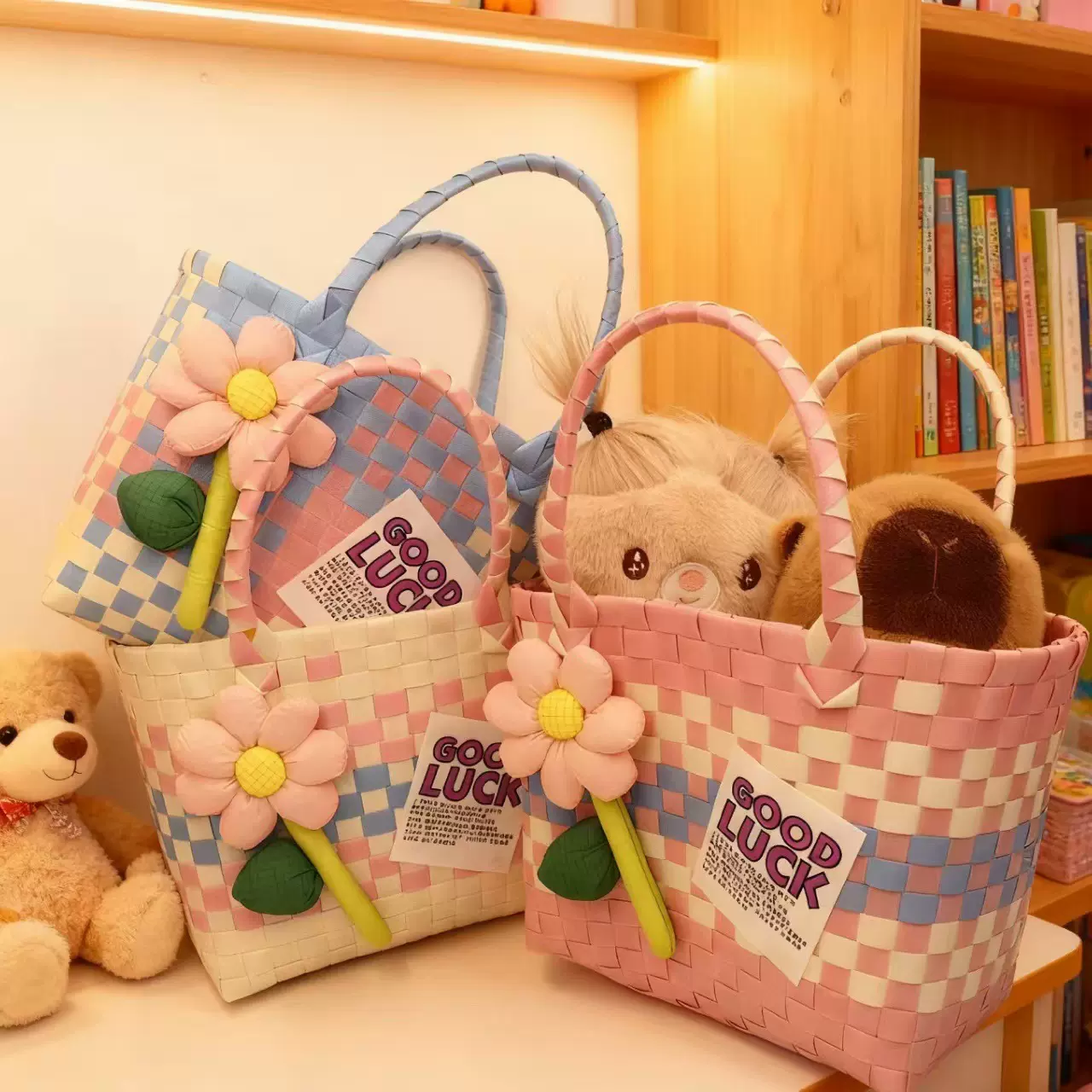 多巴胺彩色塑料斜挎编织包百搭包包手提篮结婚伴手礼拎包手提包