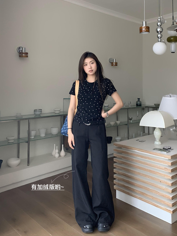 橘子树在哪儿黑色低腰休闲喇叭西装裤女春季高级感垂感宽松拖地裤|undefined