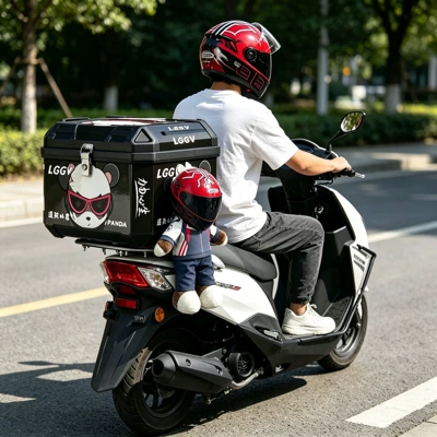 Motorcycle trunk — scooter tail box, specifically designed for Ninebot - 48l-black-and-gray-bear-transformation-doll-top-tier-edition-blue-and-white-bear-with-red-ants-inner-lining-backrest-base-installation-kit
