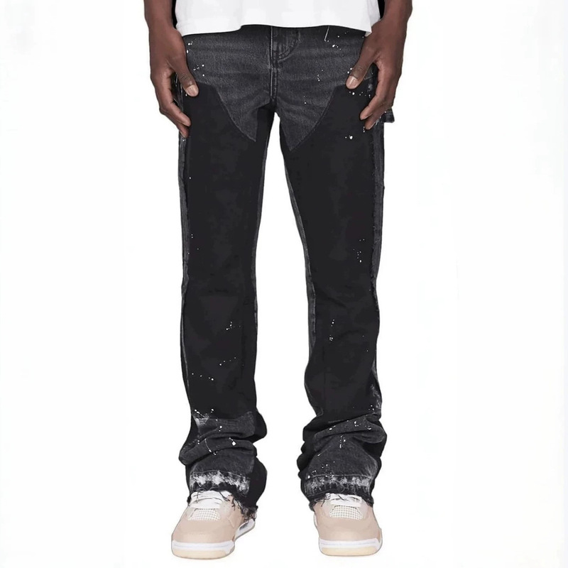 Men's layered patchwork straight-leg jeans with patch workwear pockets, cross-border European and American trendy versatile casual long pants Men's layered patchwork straight-leg jeans with patch workwear pockets, cross-border European and American trendy versatile casual long pants